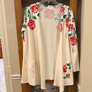 LuLaRoe Cream Cardigan with Pink and Green Floral Design